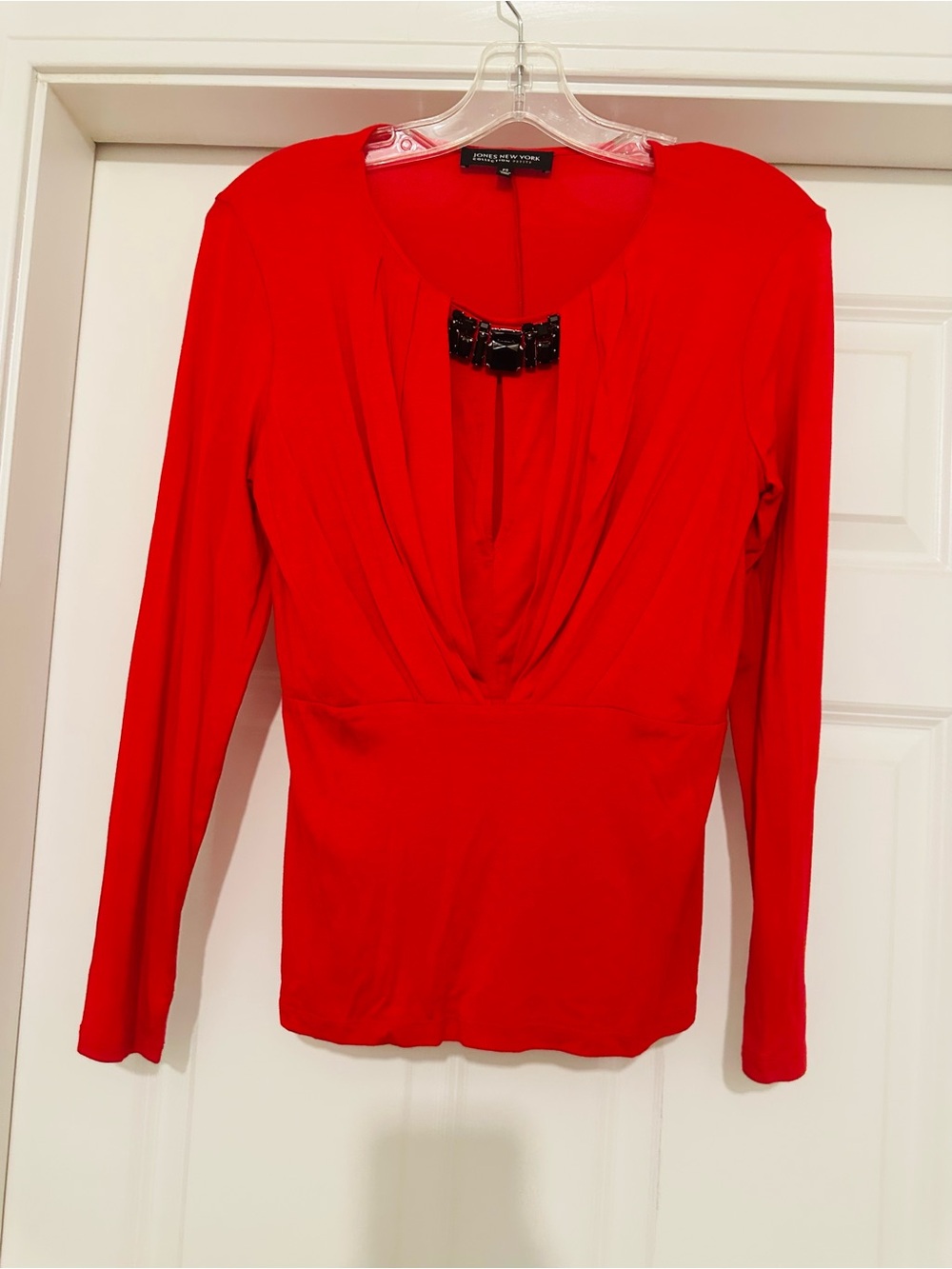 Jones New York Red Long-Sleeve Drape Neck Top with Black Accent